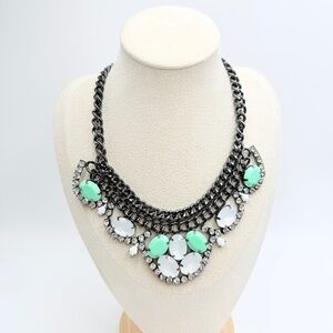 Vintage Premier Designs Gunmetal Chain Bib Necklace Green & White Rhinestones